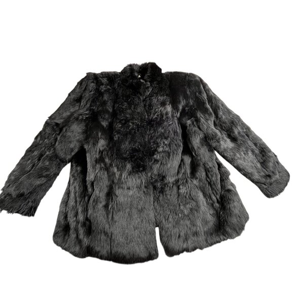 VTG Rabbit Fur Coat Womens Small Black Genuine Dyed Lined Diva Mob Wife Overcoat - Picture 1 of 12